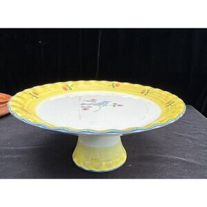 Normandy by Mann Hand Painted 1987 Cake Stand Yellow Bluebirds -A64